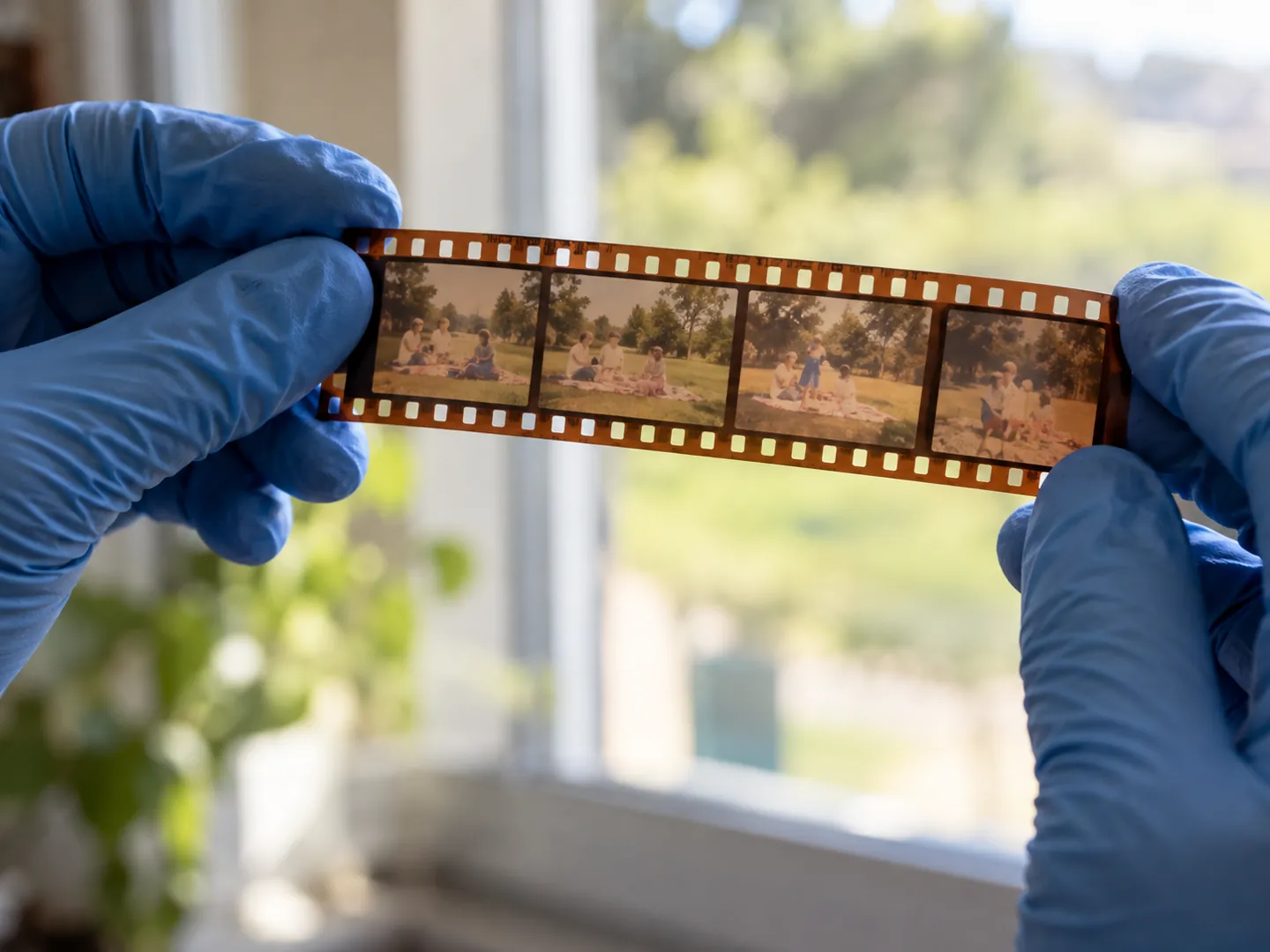 Hands in blue nitrile gloves holding a strip of cine film up to the light by its edges