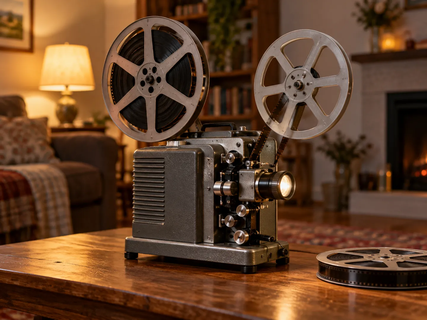 A vintage cine projector on a wooden table beside a small reel of film
