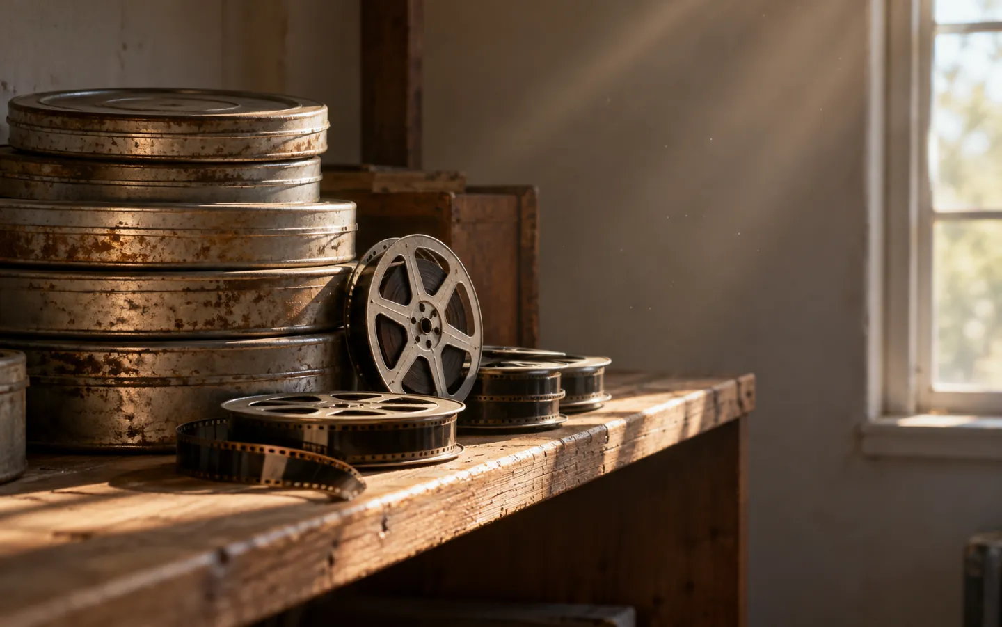 A stack of old metal film tins and small cine reels on a wooden shelf in soft window light